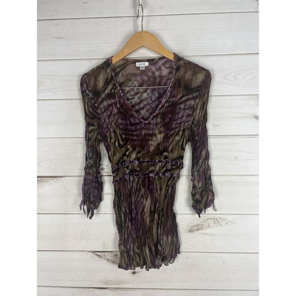 Jaipur Tops - Jaipur Top Womens Small Purple Brown Crinkle Sheer Beaded Boho Festival Shirt